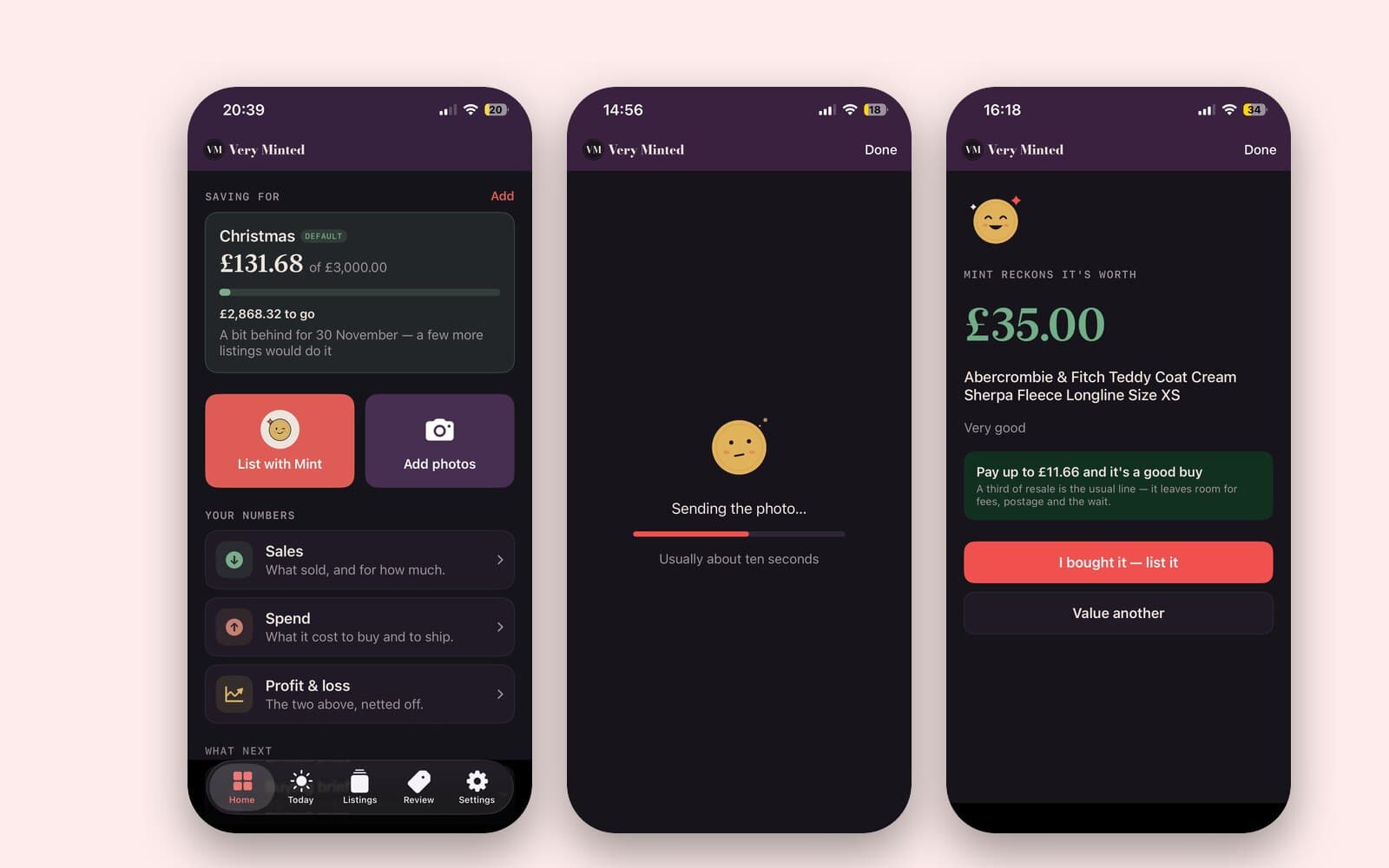 Three iPhone screens of Very Minted: the home screen with a Christmas savings pot, Mint sending a photo, and Mint’s verdict on an Abercrombie & Fitch teddy coat — worth £35, pay up to £11.66