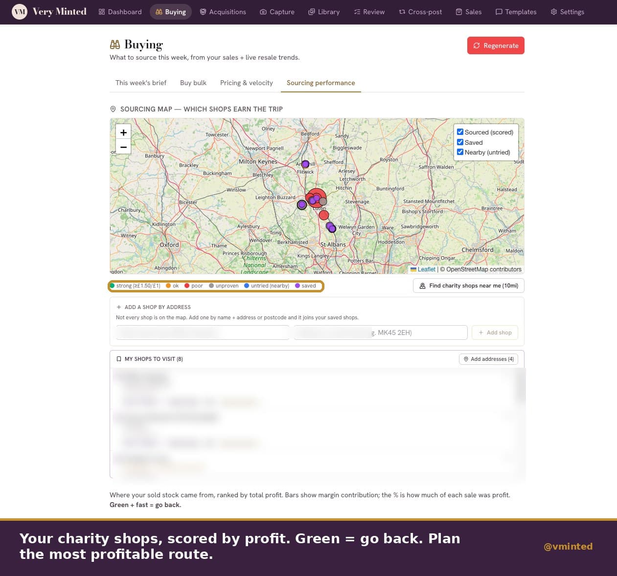 Very Minted sourcing map scoring local charity shops by profit
